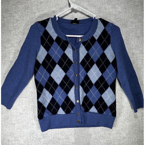 Talbots Argyle Cardigan 3/4 Sleeve Pure Merino Wool Blue preppy Size Small -Flaw - Picture 1 of 10